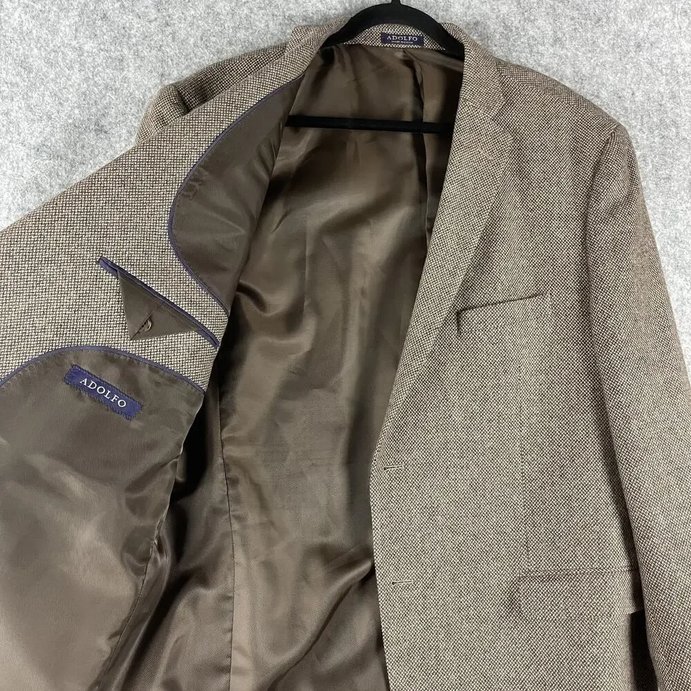 Adolfo 100% Lambswool Blazer Sport Coat Mens 48R Brown Tweed 2 Button‎